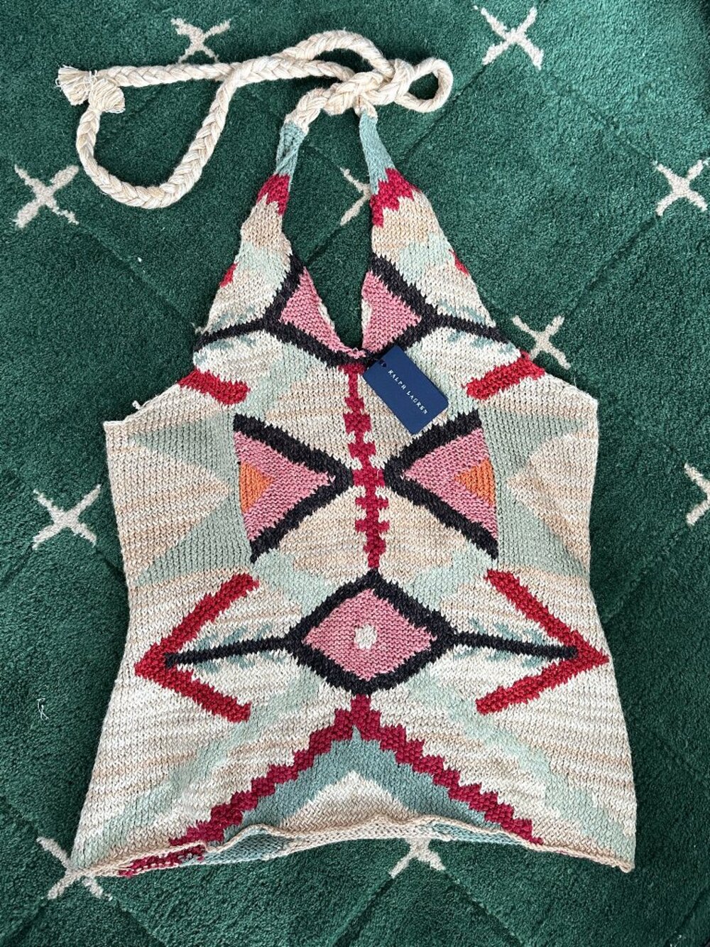 New! Ralph Lauren Y2K Blue Label Vtg Hand-Knit Halter Top Linen Southwestern S